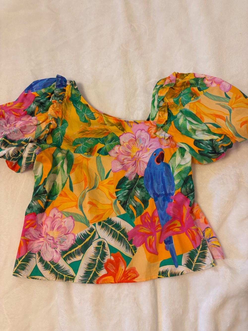 Alden Adair Yellow Tropical Puff-Sleeve Blouse with Blue Parrot & Pink Florals